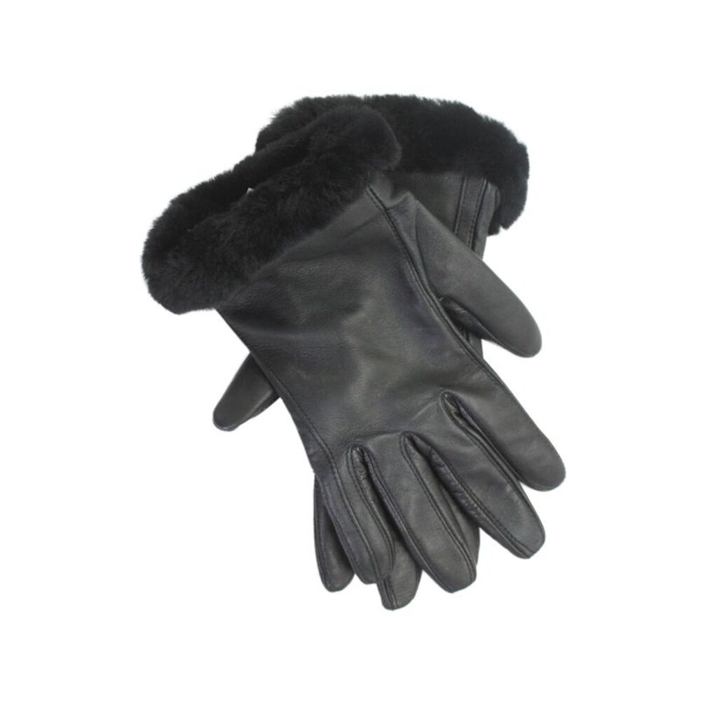 Ugg Womens Leather Fur Trimmed Cuffed Winter Gloves Black Size L